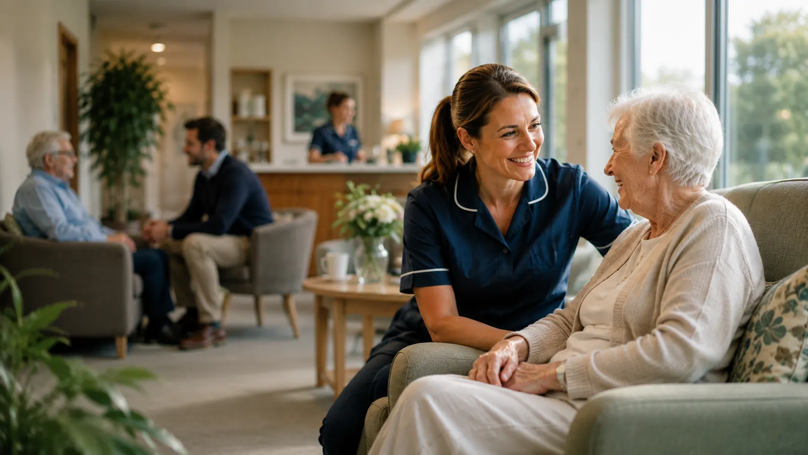 Care worker with a resident in a sunlit lounge